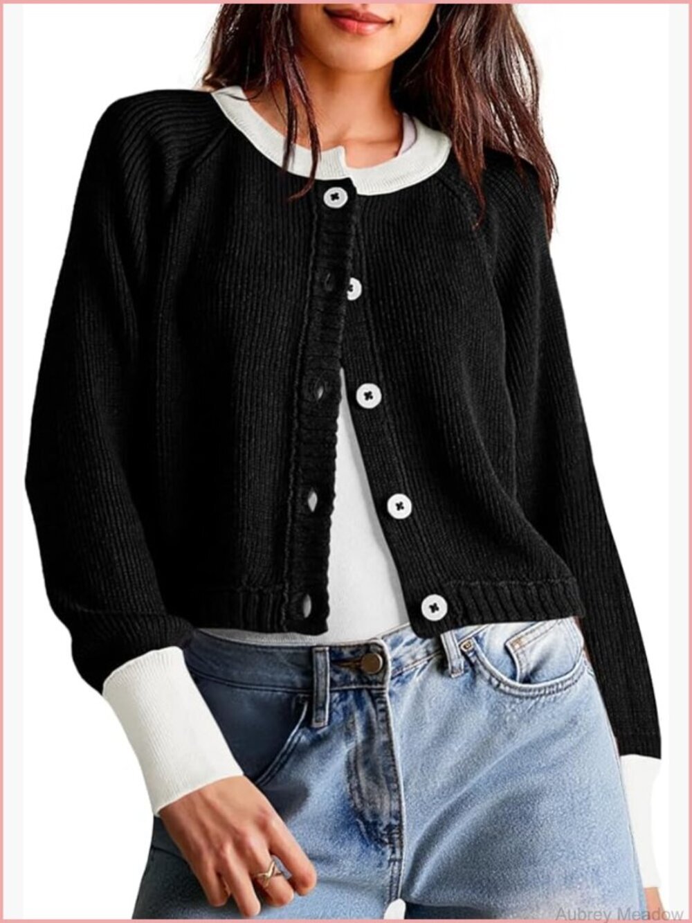 Cropped Button Down Cardigan Sweater Color Block Long Sleeve Open Front Knit